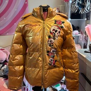 Christian Audigier (ed hardy) Gold Puffer Jacket with Skull and Rose Design